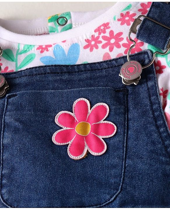 Babyhug Single Jersey Knit Dungaree & Full Sleeves Top With Floral Print - Navy Blue