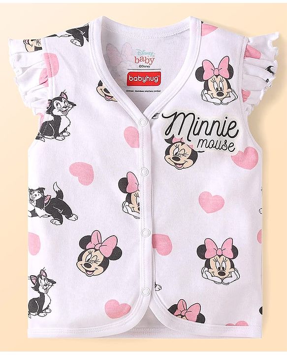 Babyhug Disney Interlock Knit Frill Sleeves Jhablas with Minnie Mouse Graphics Pack of 3 - Pink White & Light Blue