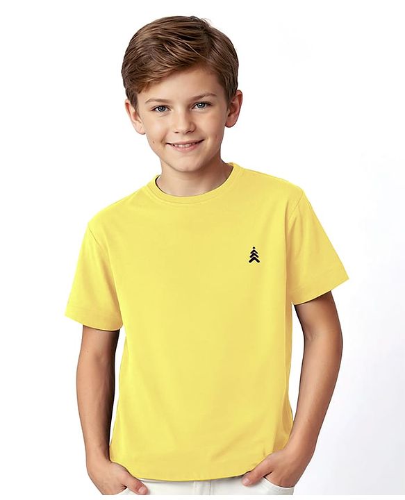Pine Kids Cotton Knit Half Sleeves T-Shirt with Logo Print - Lemon