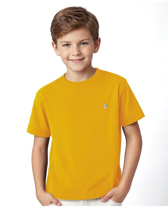 Pine Kids Cotton Knit Half Sleeves T-Shirt with Logo Print - Lemon