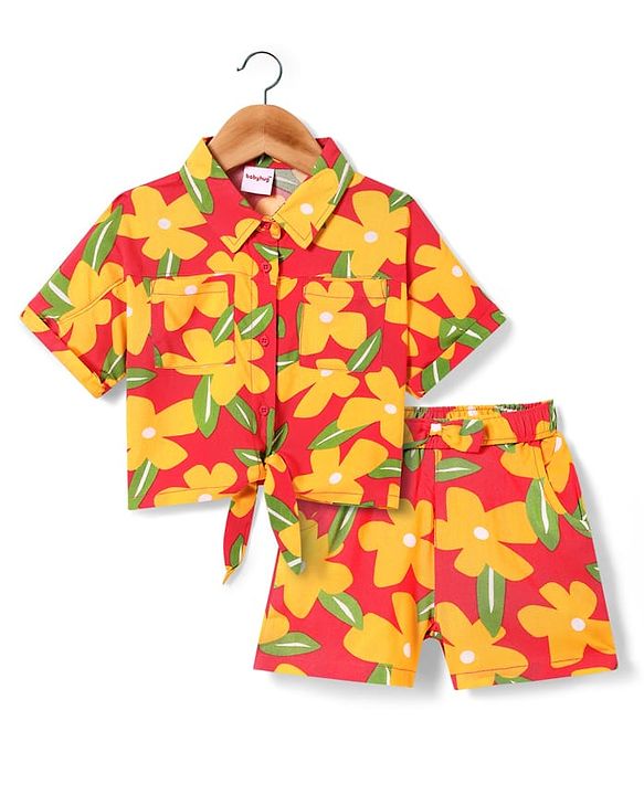 Babyhug Rayon Woven Half Sleeves Floral Printed Knotted Collared Top & Shorts Set - Orange