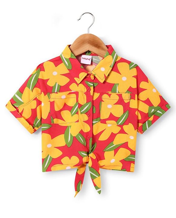 Babyhug Rayon Woven Half Sleeves Floral Printed Knotted Collared Top & Shorts Set - Orange