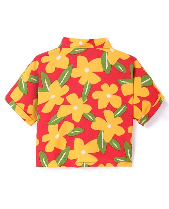 Babyhug Rayon Woven Half Sleeves Floral Printed Knotted Collared Top & Shorts Set - Orange