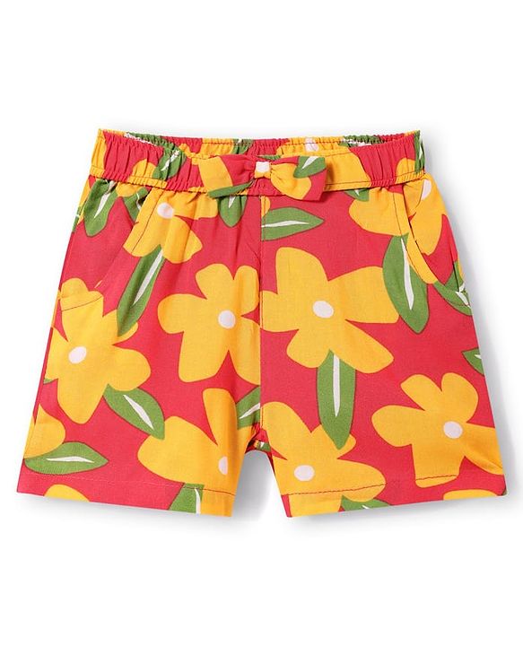 Babyhug Rayon Woven Half Sleeves Floral Printed Knotted Collared Top & Shorts Set - Orange