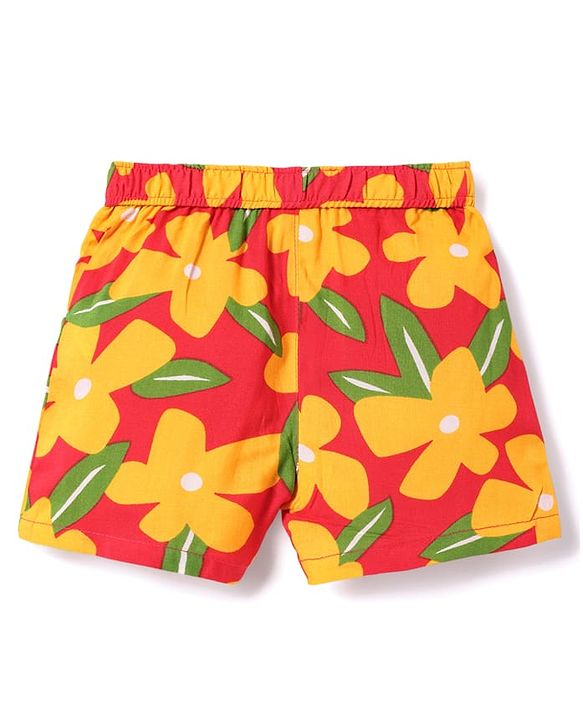 Babyhug Rayon Woven Half Sleeves Floral Printed Knotted Collared Top & Shorts Set - Orange