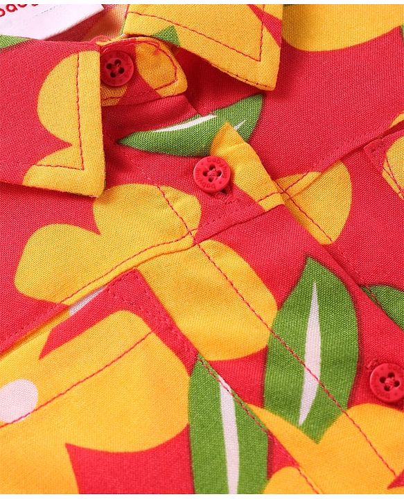 Babyhug Rayon Woven Half Sleeves Floral Printed Knotted Collared Top & Shorts Set - Orange