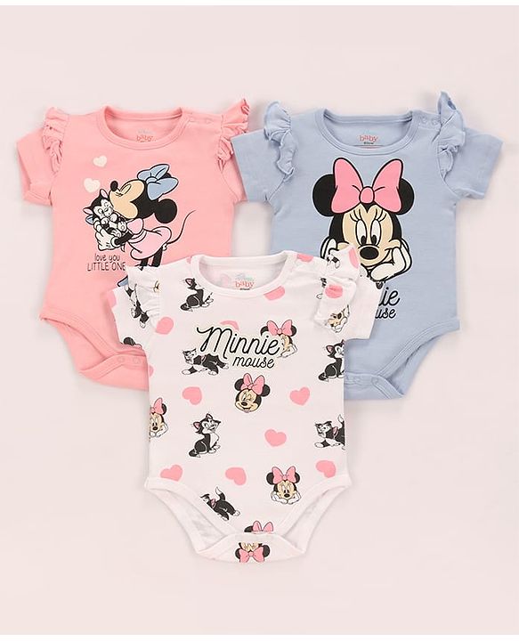 Babyhug Disney Interlock Knit Half Sleeves Onesies with Minnie Mouse Graphics & Frill Detailing Pack of 3 - Pink Blue & White