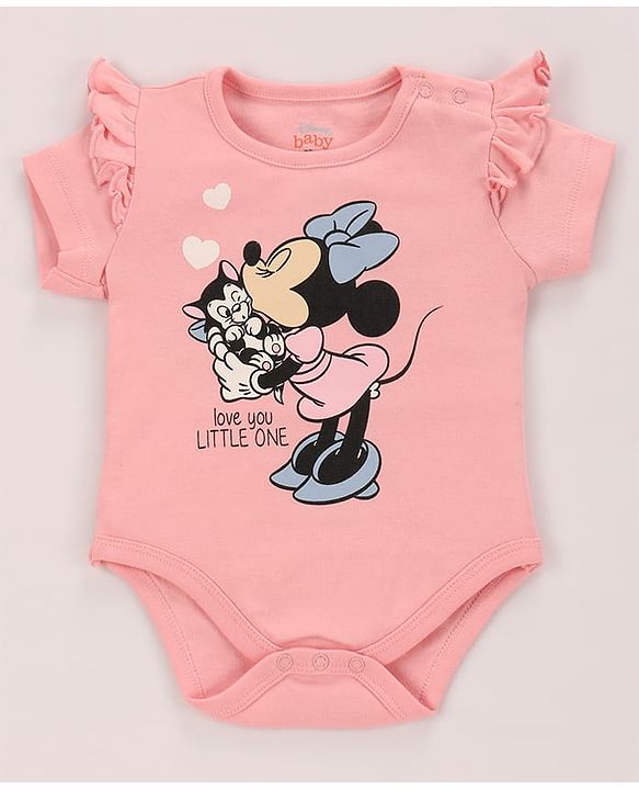 Babyhug Disney Interlock Knit Half Sleeves Onesies with Minnie Mouse Graphics & Frill Detailing Pack of 3 - Pink Blue & White