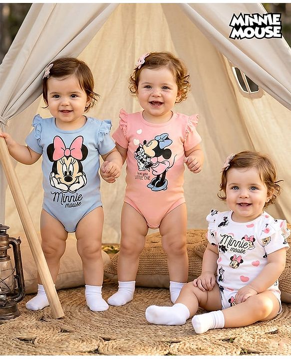 Babyhug Disney Interlock Knit Half Sleeves Onesies with Minnie Mouse Graphics & Frill Detailing Pack of 3 - Pink Blue & White
