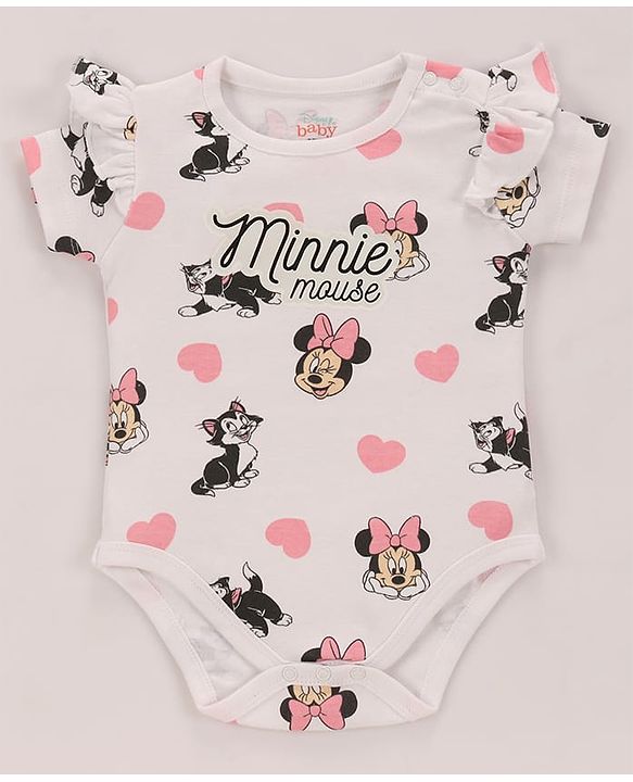 Babyhug Disney Interlock Knit Half Sleeves Onesies with Minnie Mouse Graphics & Frill Detailing Pack of 3 - Pink Blue & White