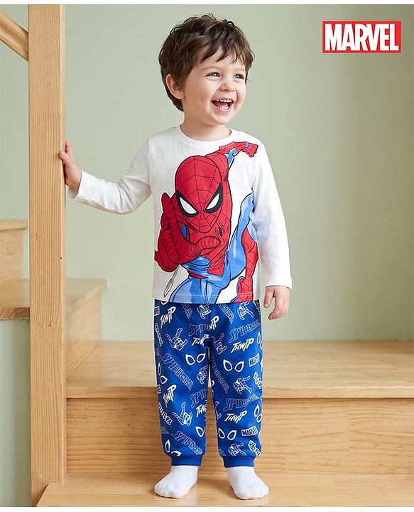 Babyhug Marvel Single Jersey Knit Full Sleeves Night Suit With Spider Man Graphic - Blue & White