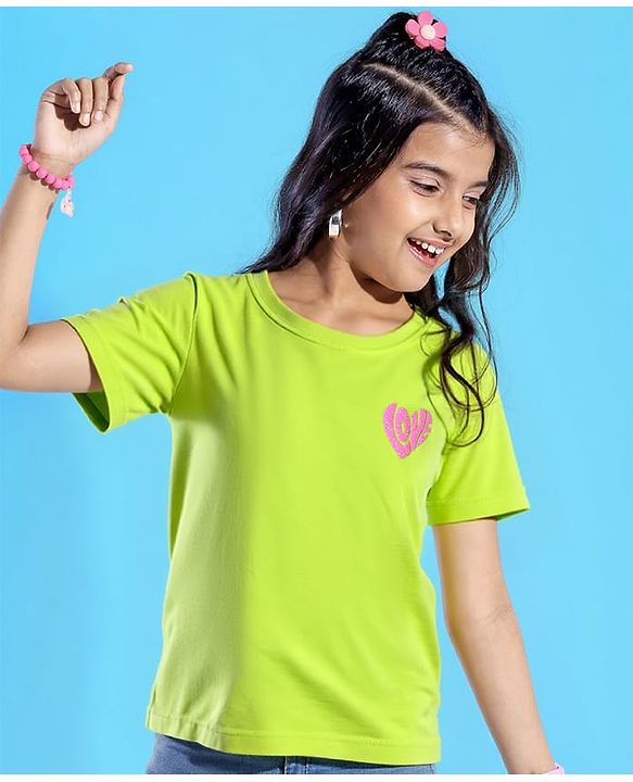 Pine Kids Cotton Knit Half Sleeves T-Shirt with Glitter Text Print - Limegreen