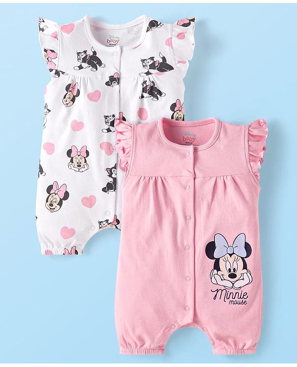 Babyhug Disney Interlock Knit Sleeveless Rompers With Minnie Mouse Graphics Pack of 2 - White & Pink