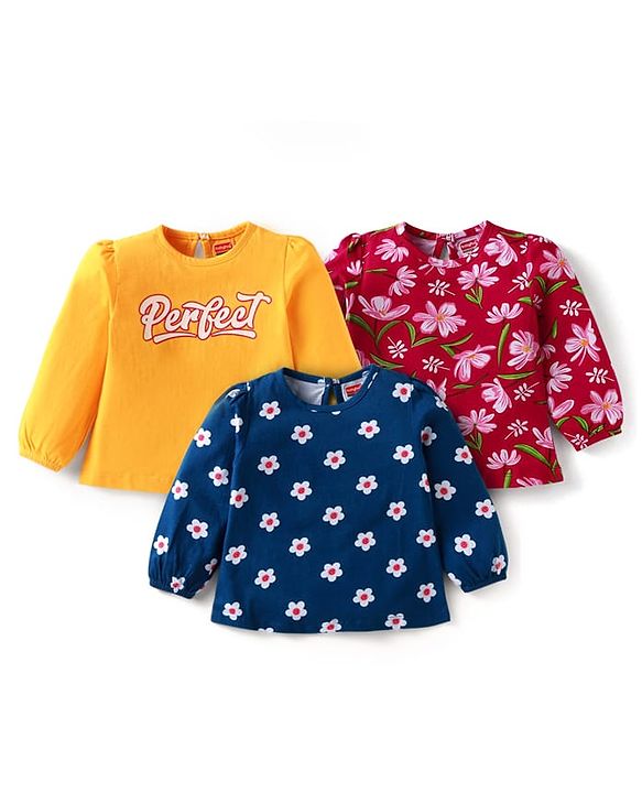 Babyhug Cotton Knit Full Sleeves T-Shirts With Floral & Text Print Pack of 3 - Navy Blue Yellow & Maroon