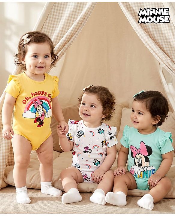 Babyhug Disney Interlock Knit Half Sleeves Minnie Mouse Printed Onesies  with Frill Detailing Pack of 3 - Yellow White & Aqua Blue