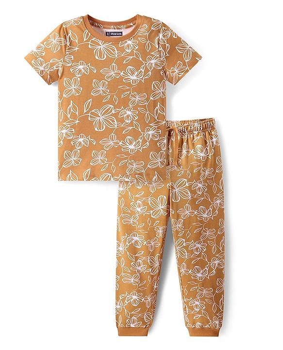 Pine Kids Single Jersey Knit Half Sleeves Night Suit with Floral Print - Brown