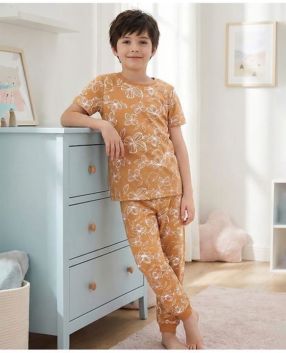 Pine Kids Single Jersey Knit Half Sleeves Night Suit with Floral Print - Brown