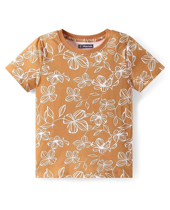 Pine Kids Single Jersey Knit Half Sleeves Night Suit with Floral Print - Brown