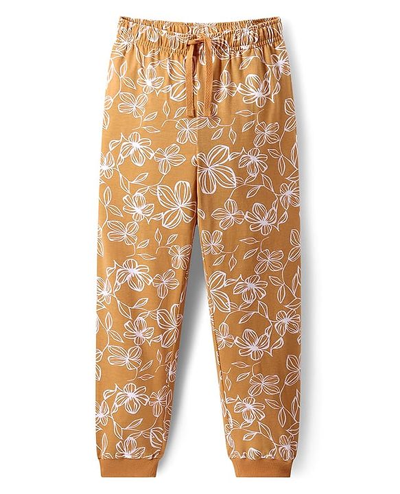 Pine Kids Single Jersey Knit Half Sleeves Night Suit with Floral Print - Brown
