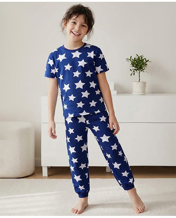 Pine Kids Single Jersey Knit Half Sleeves Night Suit with Stars Print - Blue