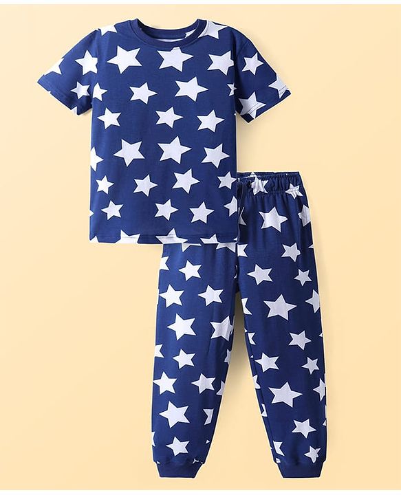 Pine Kids Single Jersey Knit Half Sleeves Night Suit with Stars Print - Blue
