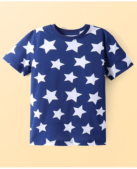 Pine Kids Single Jersey Knit Half Sleeves Night Suit with Stars Print - Blue