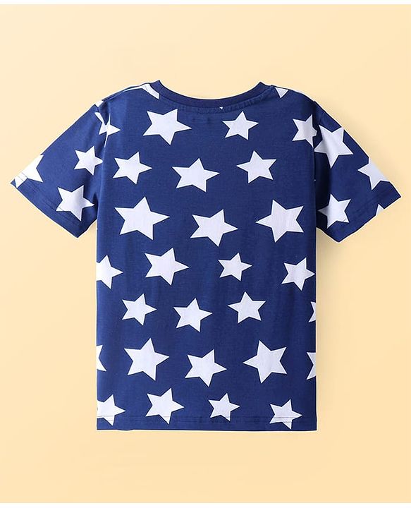 Pine Kids Single Jersey Knit Half Sleeves Night Suit with Stars Print - Blue
