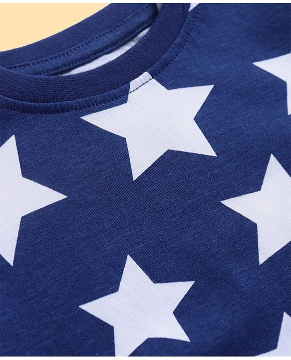 Pine Kids Single Jersey Knit Half Sleeves Night Suit with Stars Print - Blue