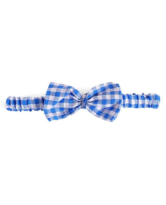 Babyhug Woven Half Puffed Sleeves Checkered Frock with Bloomer Headband & Bow Applique - Blue