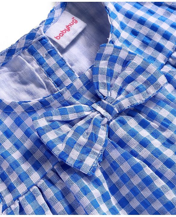 Babyhug Woven Half Puffed Sleeves Checkered Frock with Bloomer Headband & Bow Applique - Blue