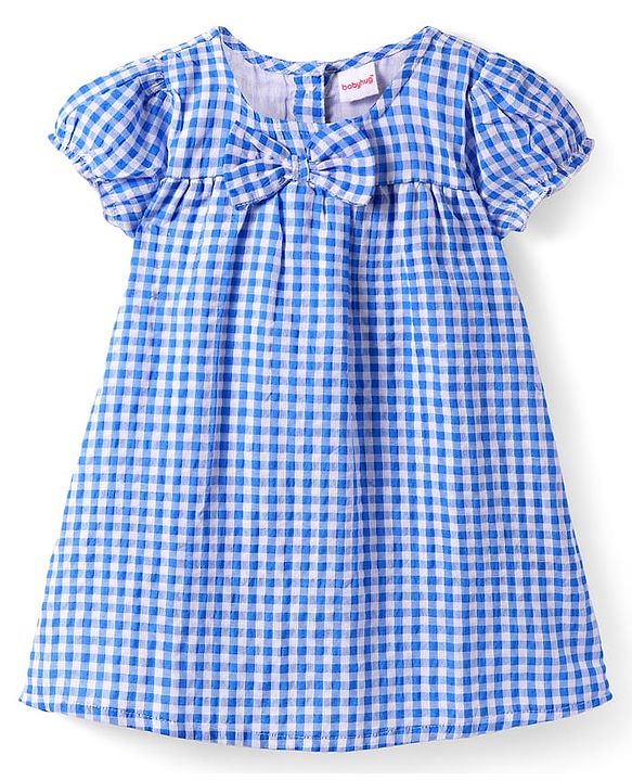 Babyhug Woven Half Puffed Sleeves Checkered Frock with Bloomer Headband & Bow Applique - Blue