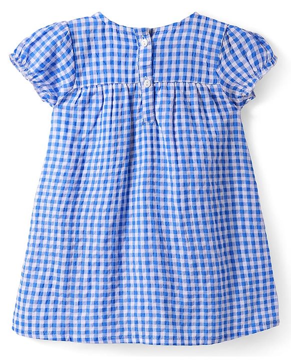 Babyhug Woven Half Puffed Sleeves Checkered Frock with Bloomer Headband & Bow Applique - Blue