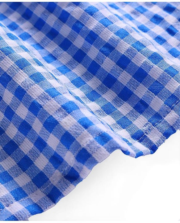 Babyhug Woven Half Puffed Sleeves Checkered Frock with Bloomer Headband & Bow Applique - Blue