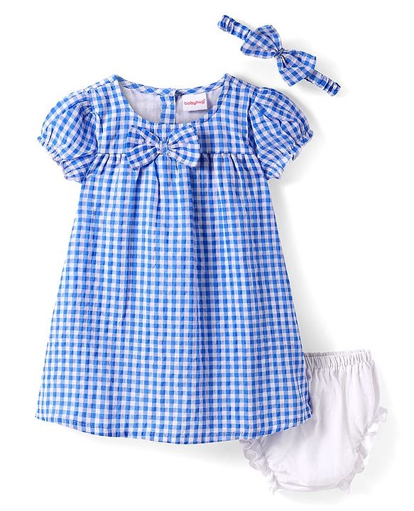 Babyhug Woven Half Puffed Sleeves Checkered Frock with Bloomer Headband & Bow Applique - Blue