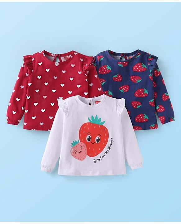 Babyhug Cotton Knit Full Sleeves T-Shirts With Fruit & Heart Print Pack of 3 - Navy Blue White & Red