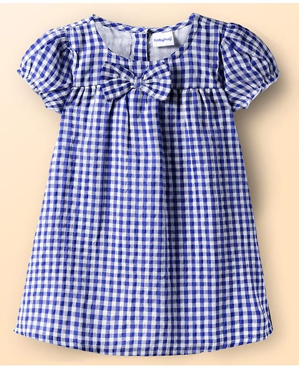Babyhug Woven Puffed Sleeves Check Frock with Bloomer and Hair Band - Navy Blue