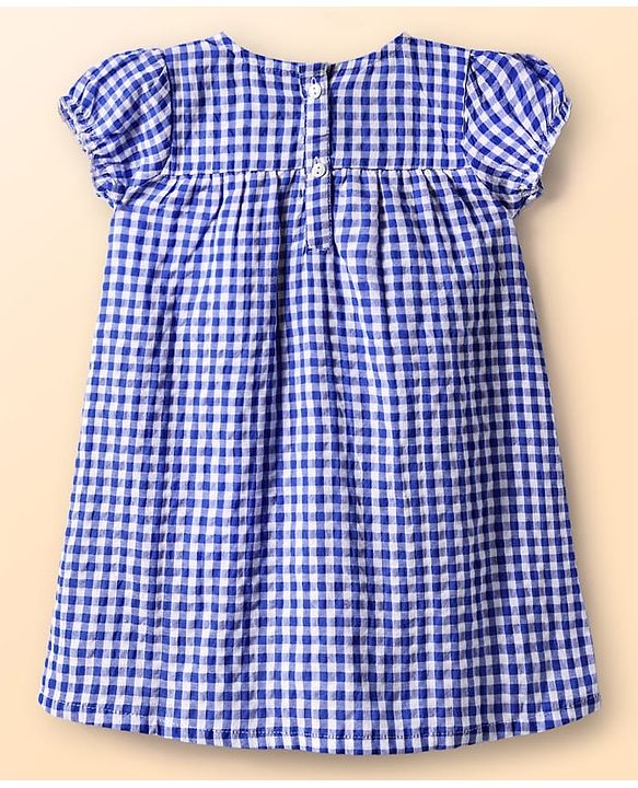Babyhug Woven Puffed Sleeves Check Frock with Bloomer and Hair Band - Navy Blue