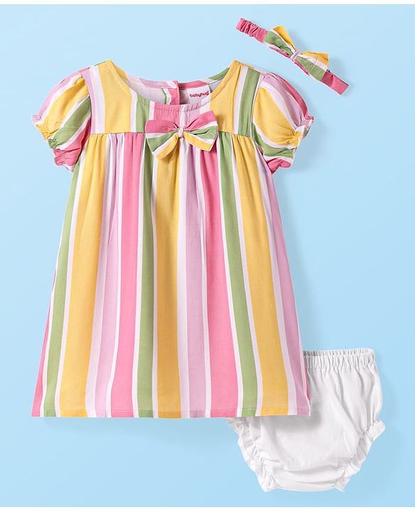 Babyhug Viscose Woven Half Puffed Sleeves Striped Frock with Bloomer Headband & Bow Applique - Pink
