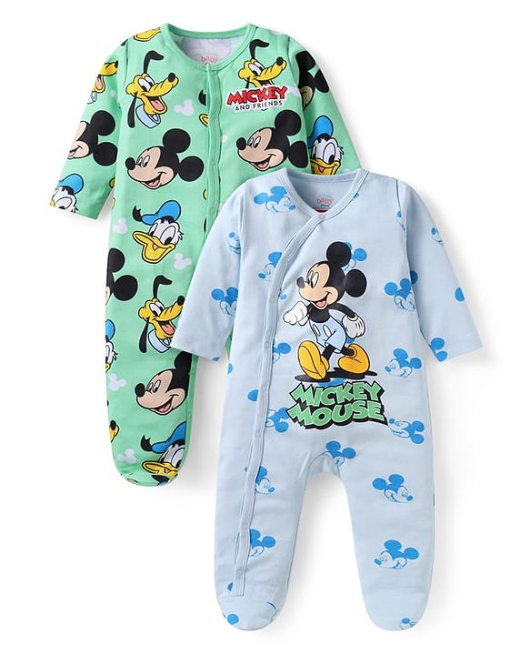 Babyhug Disney Interlock Knit Full Sleeves Footed Sleep Suits With Mickey Mouse Graphics Pack Of 2 -  Blue & Green