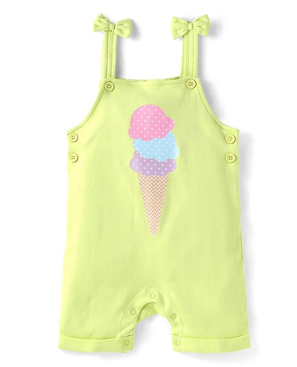 Babyhug Single Jersey Knit Half Sleeves Polka Dots & Ice Cream Printed T-Shirt & Dungaree Style Romper - Pink  & Yellow