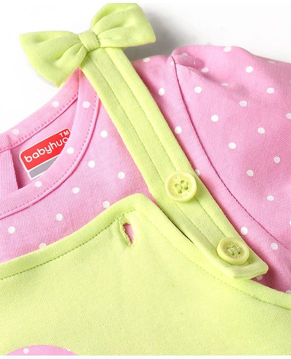 Babyhug Single Jersey Knit Half Sleeves Polka Dots & Ice Cream Printed T-Shirt & Dungaree Style Romper - Pink  & Yellow