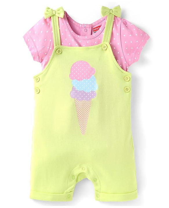 Babyhug Single Jersey Knit Half Sleeves Polka Dots & Ice Cream Printed T-Shirt & Dungaree Style Romper - Pink  & Yellow