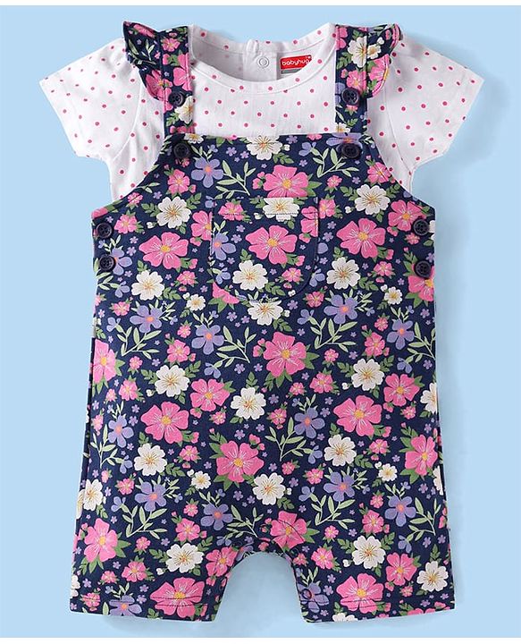 Babyhug Single Jersey Knit Half Sleeves Polka Dots & Floral Printed Top & Dungaree Style Romper with Frill Detailing - Navy & White