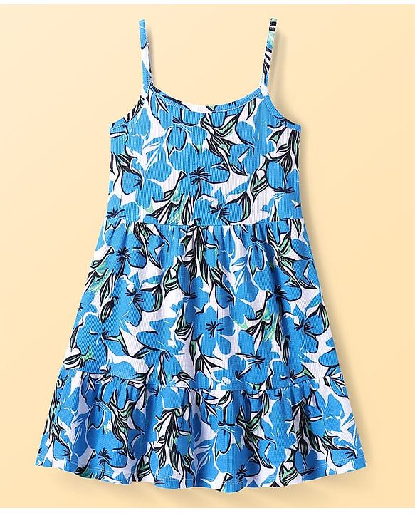 Pine Kids Cotton Knit Singlet Sleeves Dress with Floral Print - White & Blue
