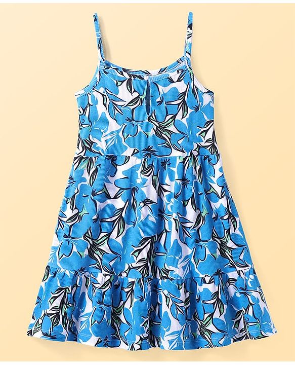 Pine Kids Cotton Knit Singlet Sleeves Dress with Floral Print - White & Blue