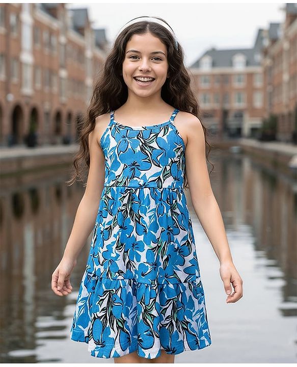 Pine Kids Cotton Knit Singlet Sleeves Dress with Floral Print - White & Blue