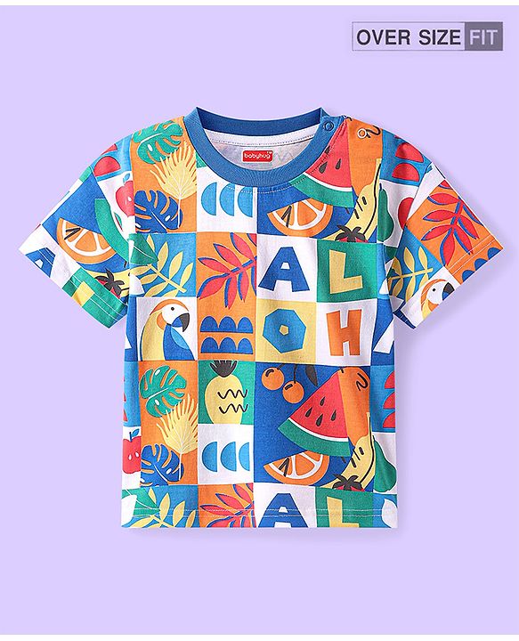 Babyhug Cotton Knit Half Sleeves Oversized T-Shirt With Tropical Theme Print - Blue