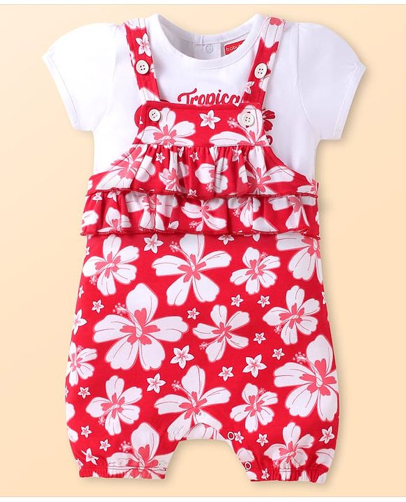 Babyhug Single Jersey Knit Floral Printed Dungaree & Half Sleeves Text Printed Top Set - White & Red