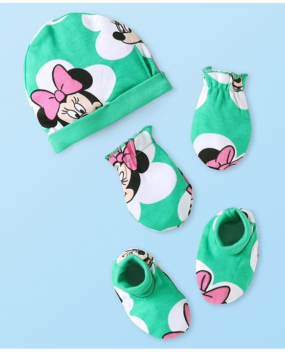 Babyhug Disney Interlock Knit Cap Mittens & Booties Set with Minnie Mouse Graphics Green - Diameter 10 cm