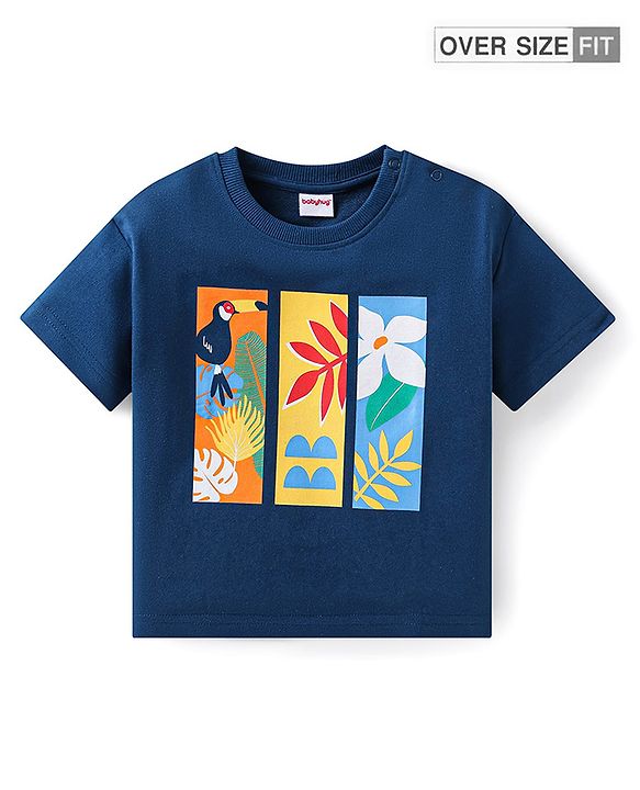 Babyhug Cotton Knit Half Sleeves Oversized T-Shirt with Bird & Floral Graphics - Navy Blue